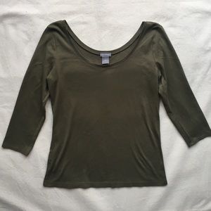 Ann Taylor Olive Green Cotton 3/4 Sleeve Top, MED